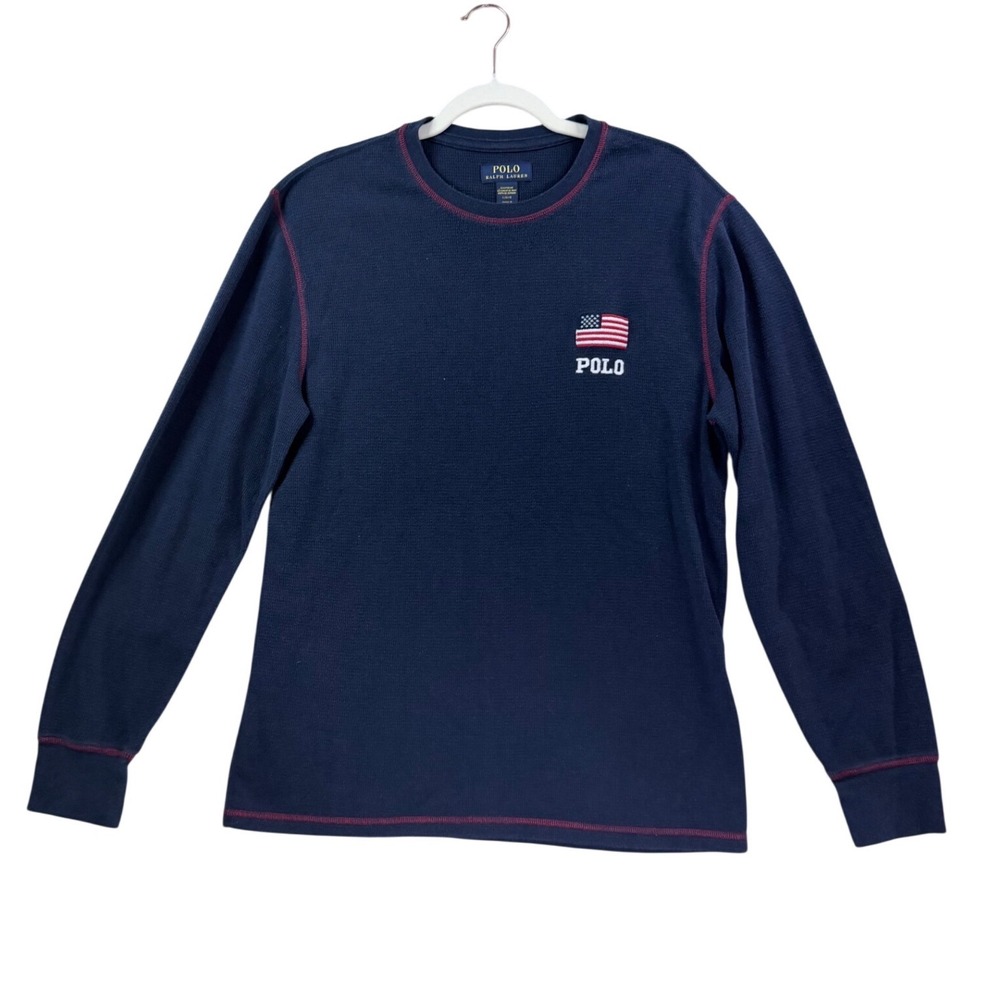 Polo Ralph Lauren Waffle Knit Sleepwear Mens Large Navy Blue Flag Thermal Shirt